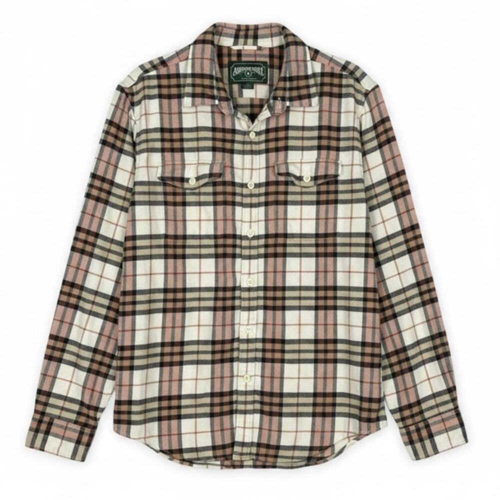 AMERICAN EAGLE Men's PLAID FLANNEL Shirt Pink Cream LONG SLEEVE Size LARGE